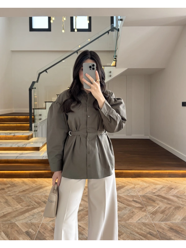 HAKİ BAĞLAMA DETAY POPLİN GÖMLEK -5441