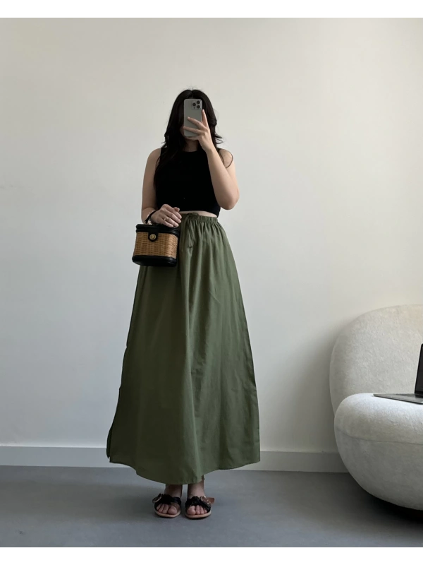 Haki beli bağcıklı midi boy etek