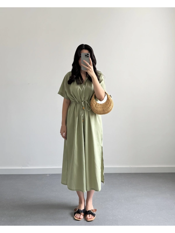 HAKİ BELİ KUŞAKLI V YAKA ELBİSE