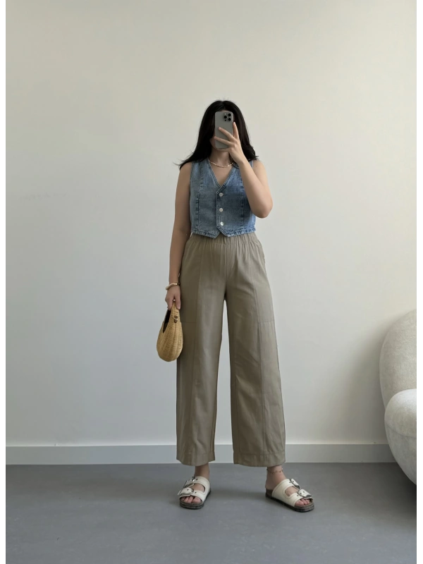 Haki beli lastikli keten pantolon
