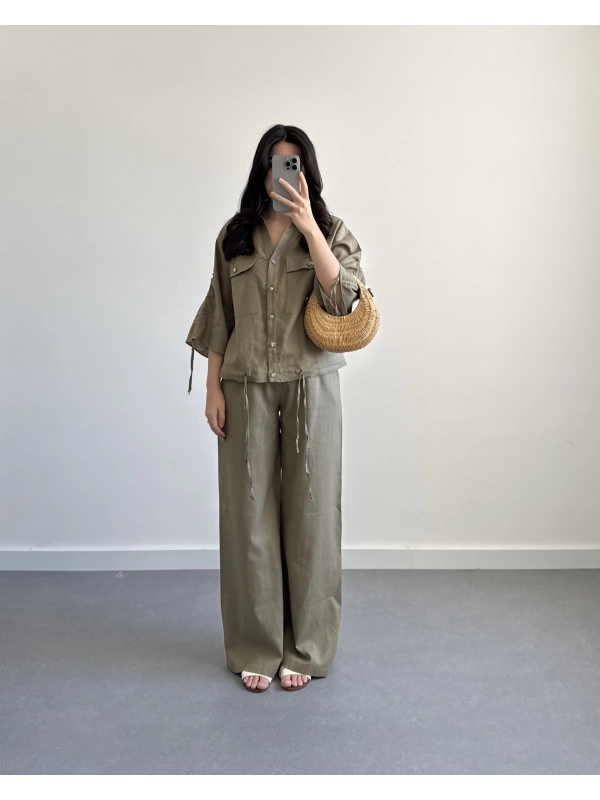 HAKİ BÜZGÜLÜ KETEN GÖMLEK TAKIM