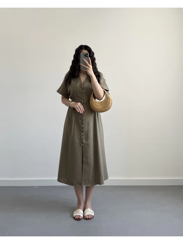 HAKİ DÜĞMELİ V YAKA ELBİSE