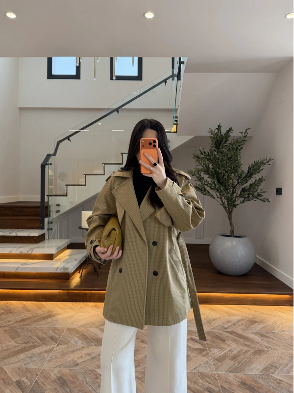 HAKİ EKOSE PELERİNLİ ARA BOY TRENCH -7797