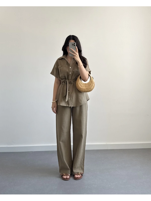 HAKİ GOLD DÜĞME DETAYLI KETEN TAKIM