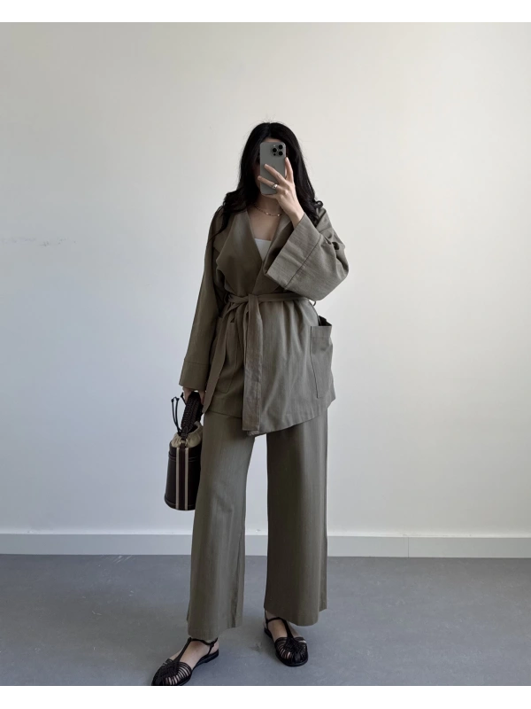 HAKİ HAM KETEN KİMONO İKİLİ TAKIM