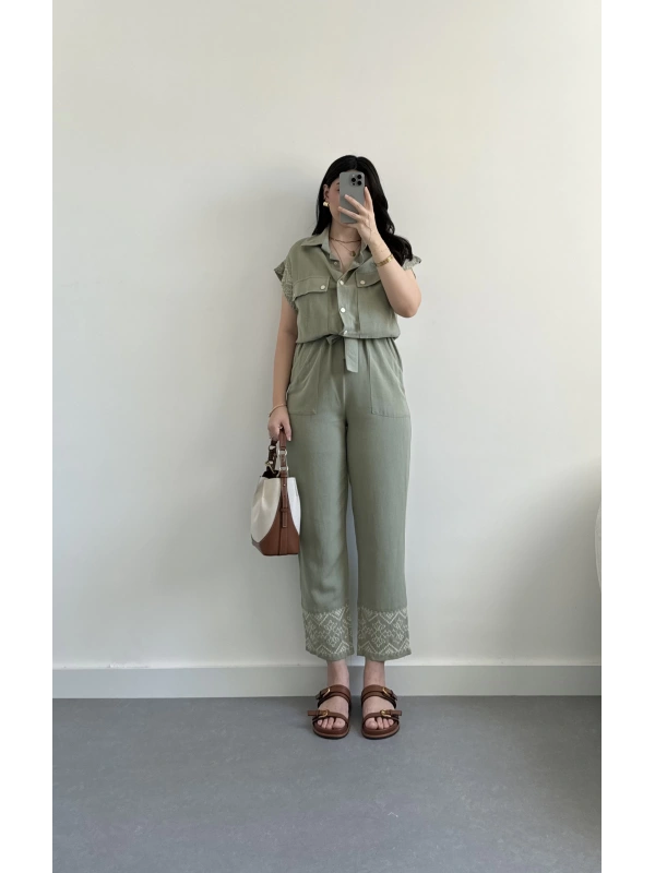 Haki işlemeli keten tulum