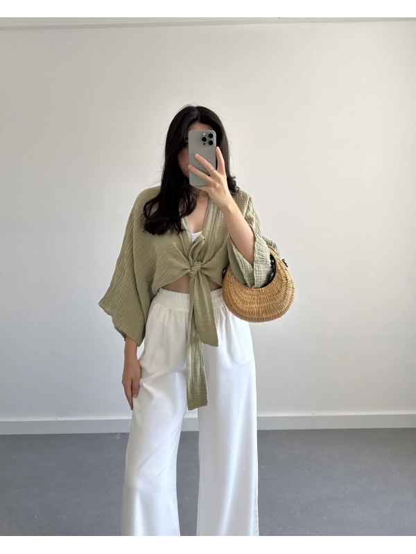 HAKİ İŞLEMELİ MÜSLİN KİMONO