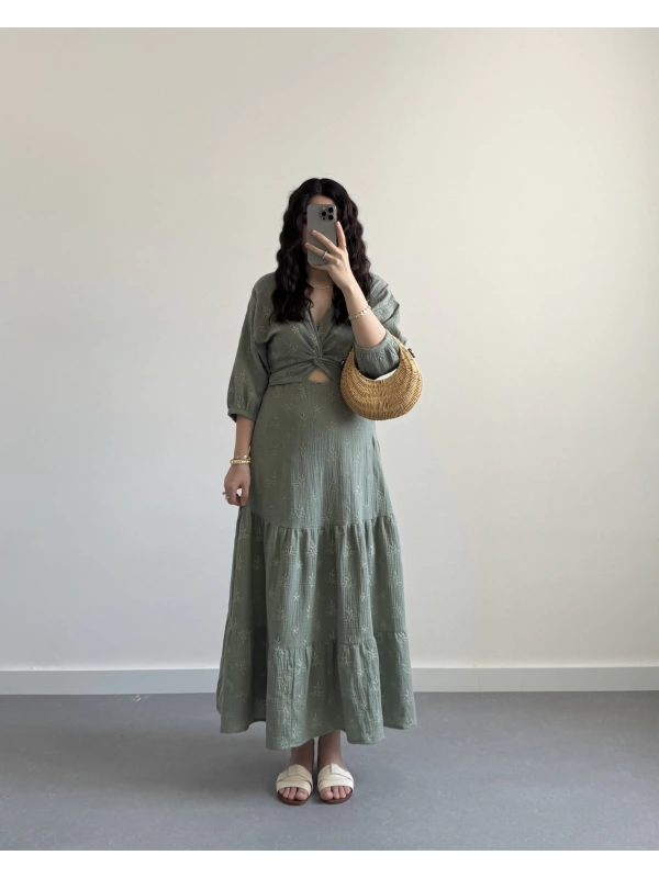 HAKİ KABARTMA DETAYLI ELBİSE