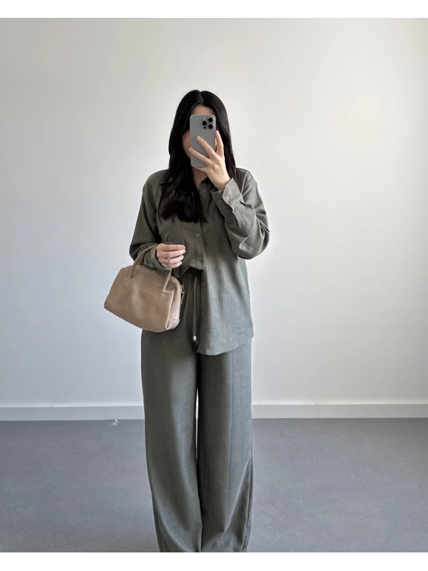 HAKİ KADİFEMSİ DOKULU GÖMLEK TAKIM