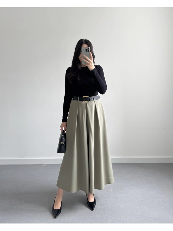 HAKİ KEMERLİ POLİVİSKON ETEK