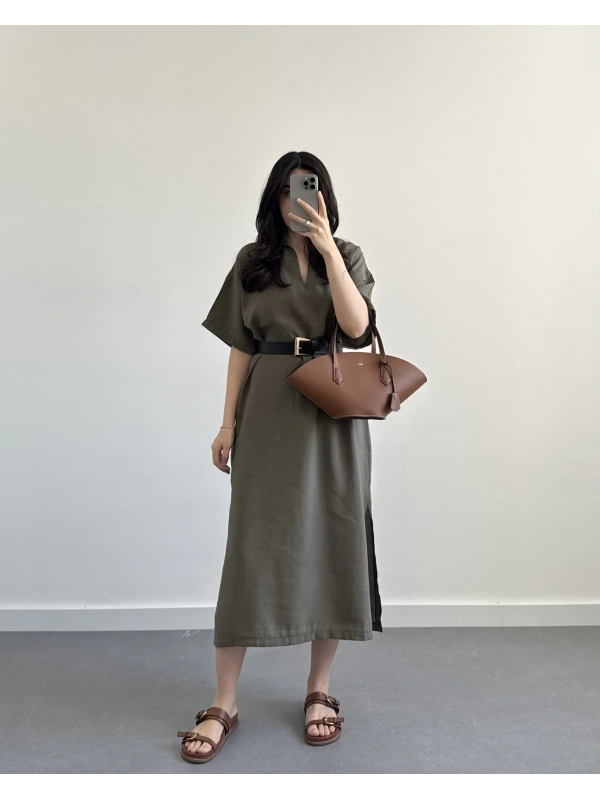 HAKİ KEMERLİ PREMİUM TENSEL ELBİSE