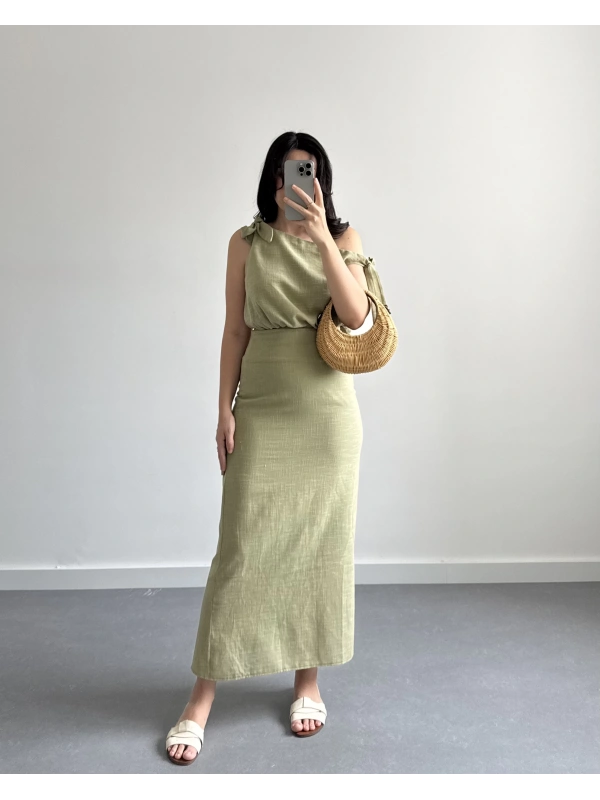 HAKİ KETEN ASİMETRİK BLUZLU ETEK TAKIM