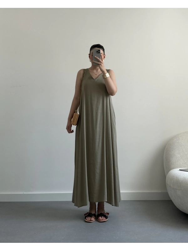 Haki Keten Kumaş Cepli Elbise