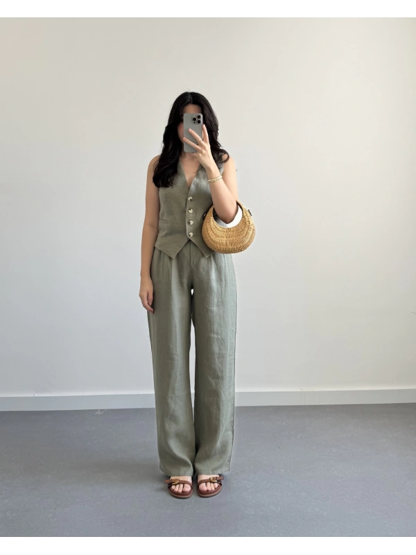 HAKİ KETEN MASKÜLEN YELEK PANTOLON TAKIM