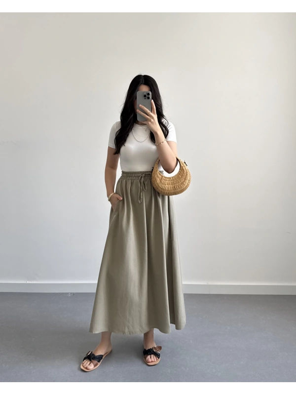 HAKİ KETEN MİDİ BOY ETEK