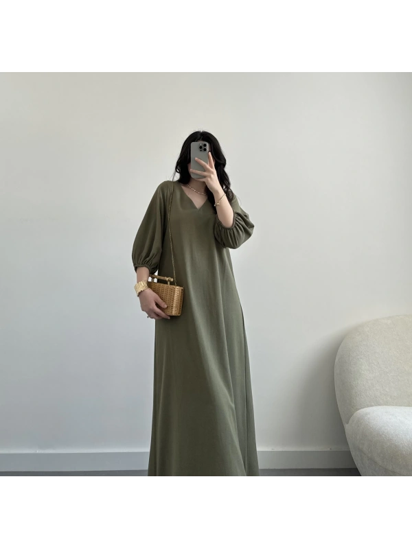 Haki keten uzun elbise