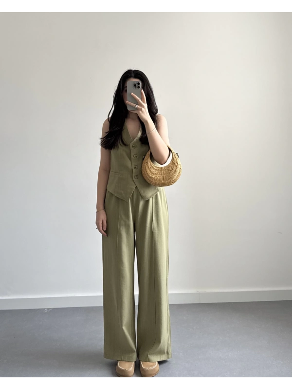 HAKİ KETEN YELEK PANTOLON TAKIM