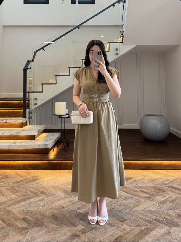 HAKİ KRUVAZE YAKA KEMER DETAY ELBİSE -4094
