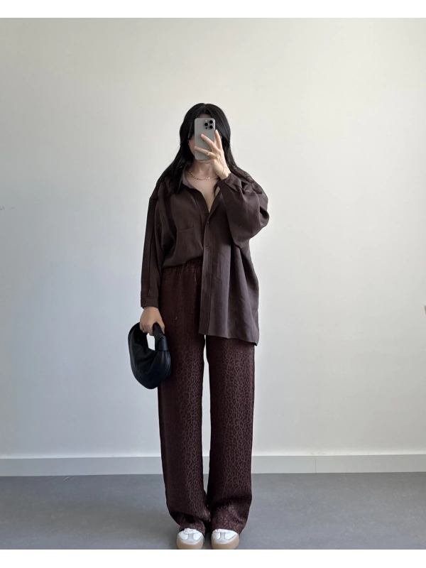 Kahve Leopar Desenli Jakarlı Bol Paça Pantolon