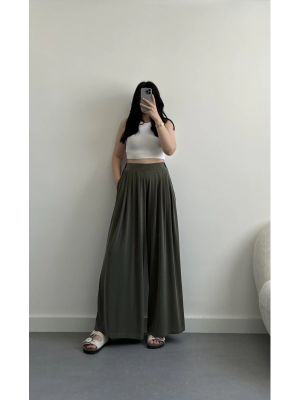 Haki Modal kumaş pileli pantolon