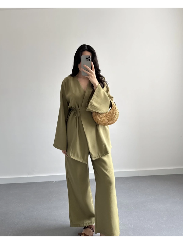 HAKİ MODAL KUŞAKLI KİMONO TAKIM