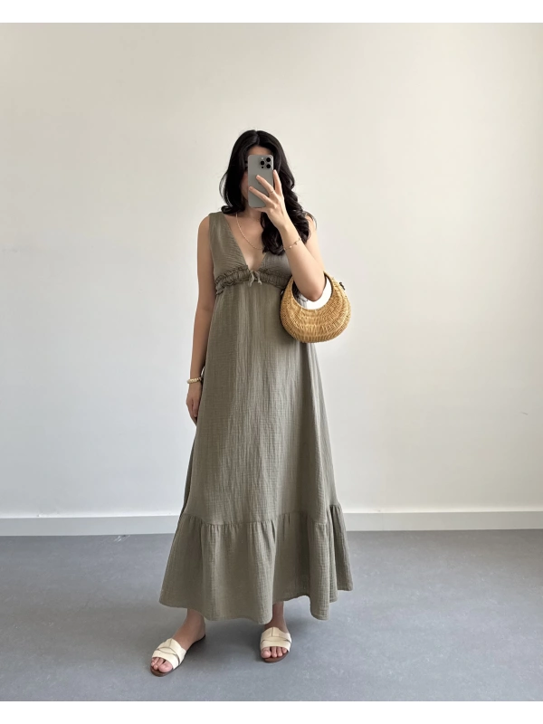 HAKİ MÜSLİN SIRT DEKOLTELİ ELBİSE