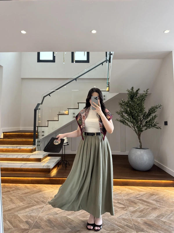 HAKİ ÖN PİLE DETAY ETEK -580653