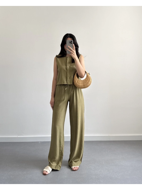 HAKİ ÖNDEN DÜĞMELİ YELEK TAKIM