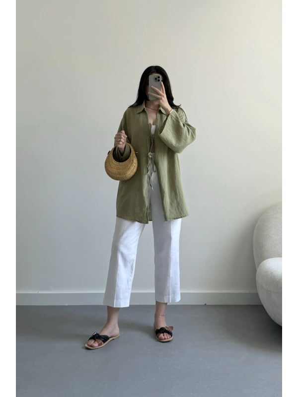 Haki önü bağlamalı keten kimono
