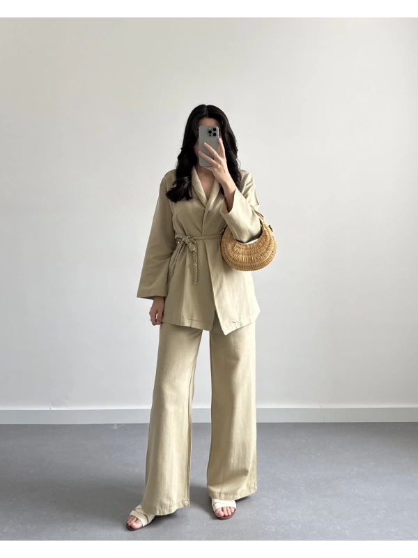 HAKİ ÖRGÜ KEMERLİ KİMONO TAKIM