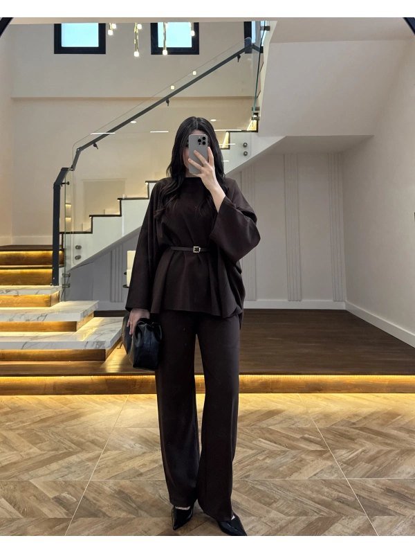 KAHVE PELERİN PANTOLON TAKIM -8898