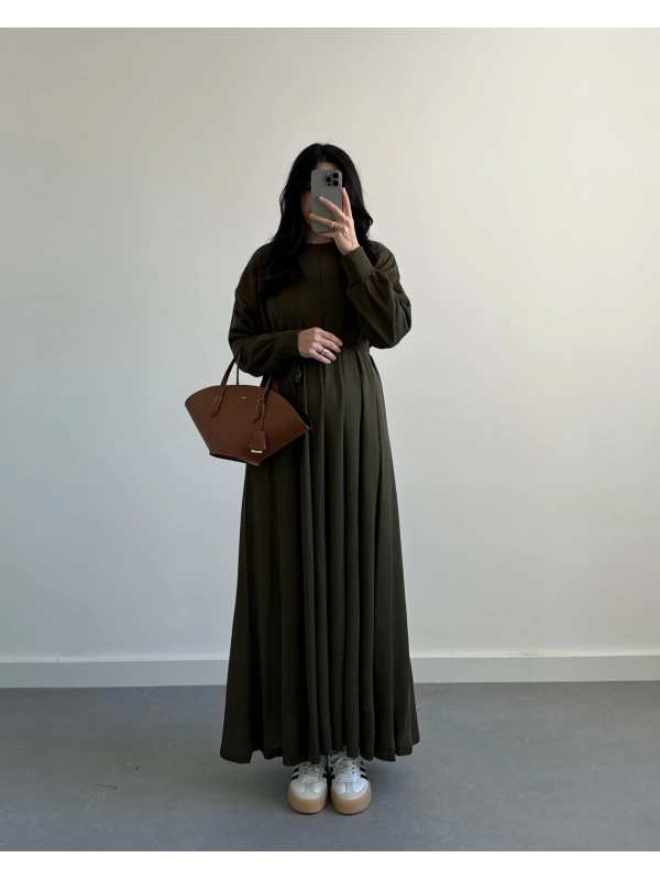 HAKİ PİLELİ TRİKO ELBİSE