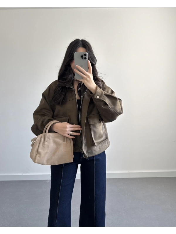 HAKİ SÜET ÖNÜ CEPLİ BOMBER CEKET