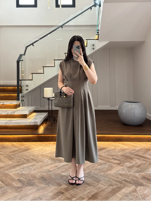 HAKİ TENSEL KUŞAKLI PENSLİ ELBİSE-260987