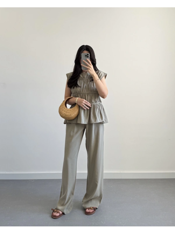 HAKİ TENSEL LAYERLİ BLUZ TAKIM