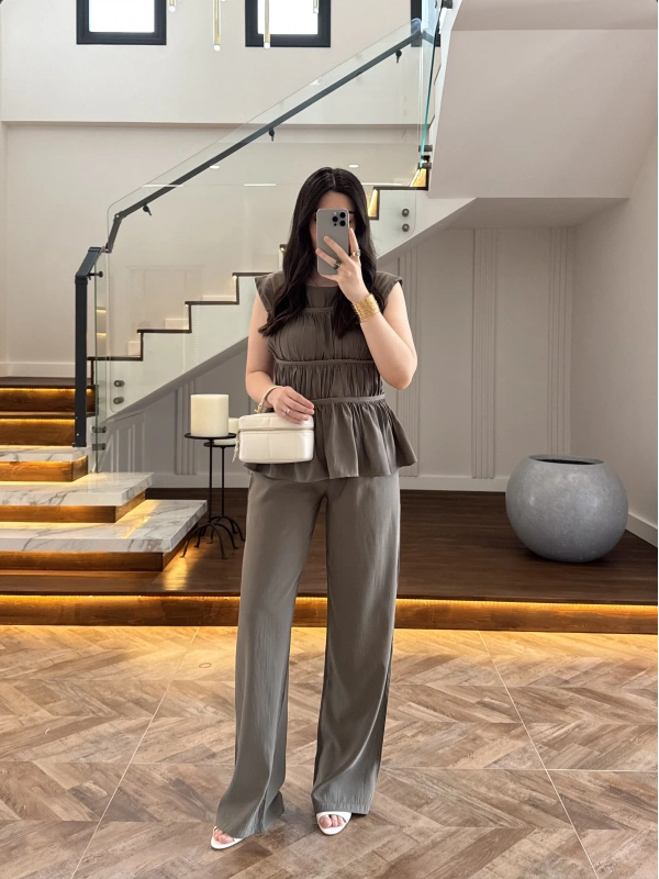 HAKİ TENSEL NEVÜRLÜ BLUZ PANTOLON TAKIM-250483