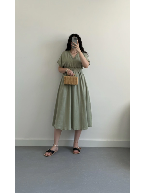 Haki V Yaka İşlemeli Keten Elbise