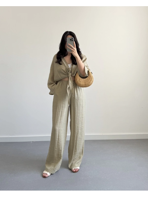 HAKİ VİSKON CROP KİMONO TAKIM