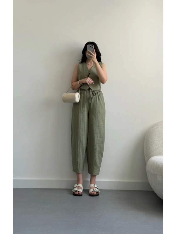 Haki yelek şalvar pantolon takım