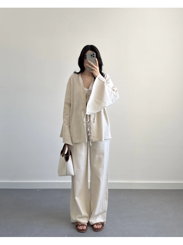 HAM KETEN NATURAL BELİ LASTİKLİ PANTOLON