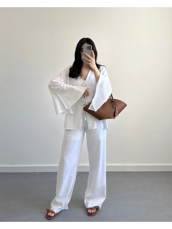 HAM KETEN BEYAZ BELİ LASTİKLİ PANTOLON