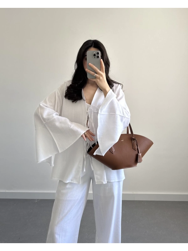 HAM KETEN BEYAZ SALAŞ KİMONO(sadece üst