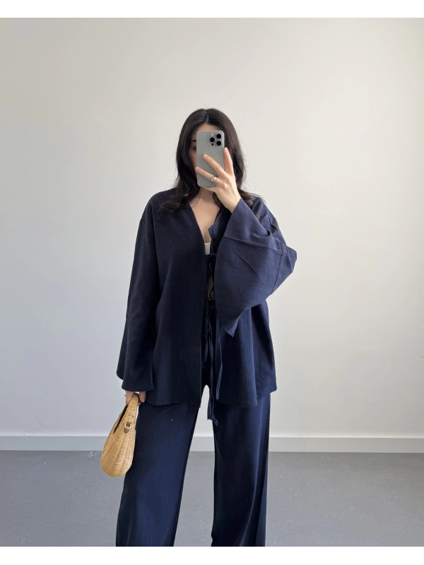 HAM KETEN LACİVERT SALAŞ KİMONO (sadece üst)