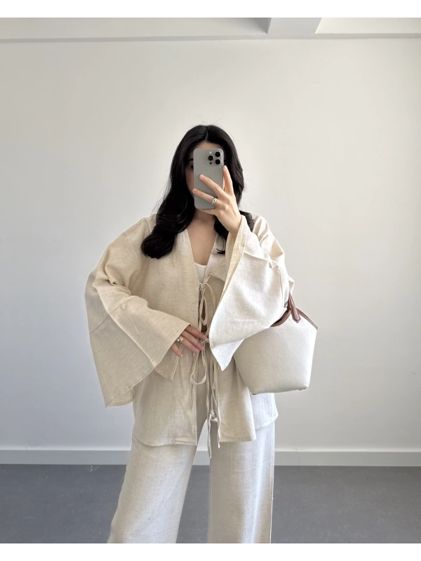 HAM KETEN NATURAL SALAŞ KİMONO(sadece üst