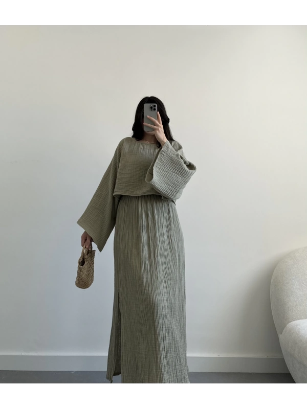 Hanna haki müslin kumaş etek takım