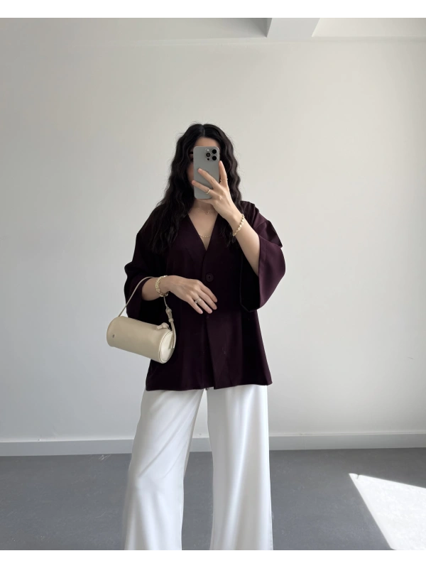 HARDY CREP KUMAŞ ÖNÜ DÜĞMELİ KİMONO MÜRDÜM