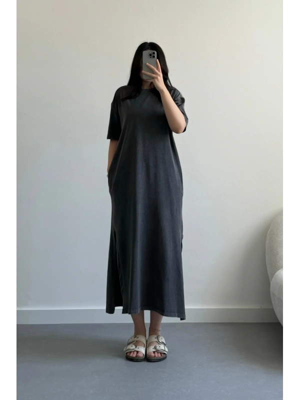 Hary Gri Yıkamalı Cepli Elbise