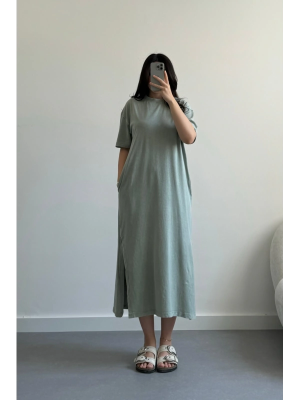 Hary Mint Yeşil Yıkamalı Cepli Elbise