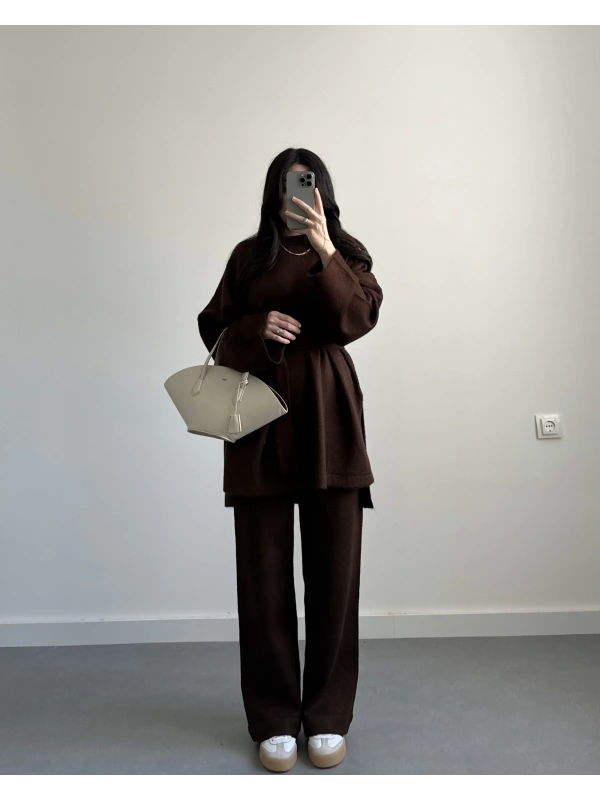 INES KAHVE YUMUŞAK DOKULU BAĞLAMALI TRİKO TAKIM