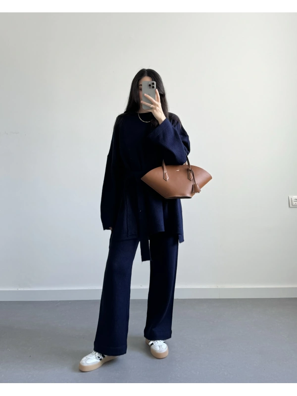 INES LACİVERT YUMUŞAK DOKULU BAĞLAMALI TRİKO TAKIM